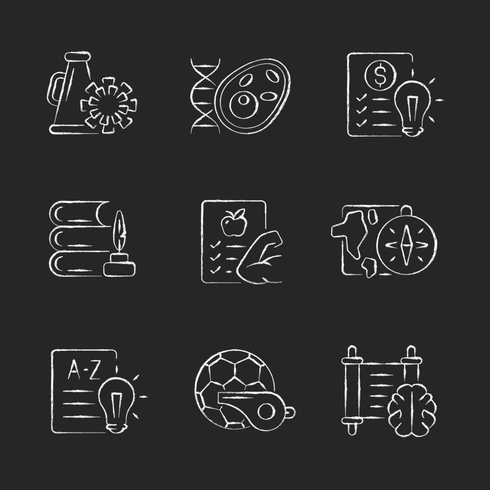Various school subjects chalk white icons set on dark background. Humanities and applied sciences. Health course in educational institutions. Isolated vector chalkboard illustrations on black
