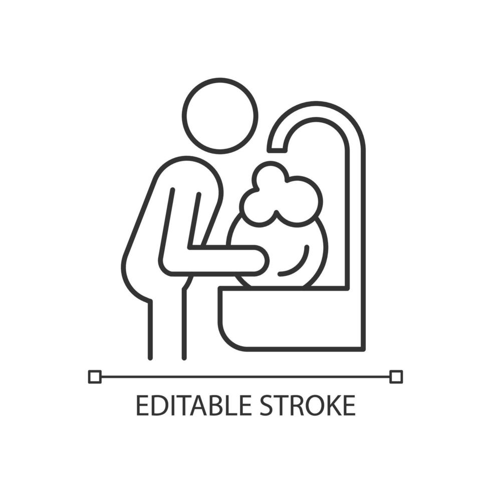 Wash dishes linear icon. Man washing dirty dishes in sink. Day-to-day routine. Thin line customizable illustration. Contour symbol. Vector isolated outline drawing. Editable stroke