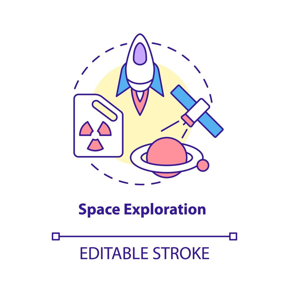 icono del concepto de exploración espacial. Ilustración de línea delgada de idea abstracta de uso de energía nuclear. impulsando misiones interplanetarias e interestelares. dibujo de color de contorno aislado vectorial. trazo editable vector