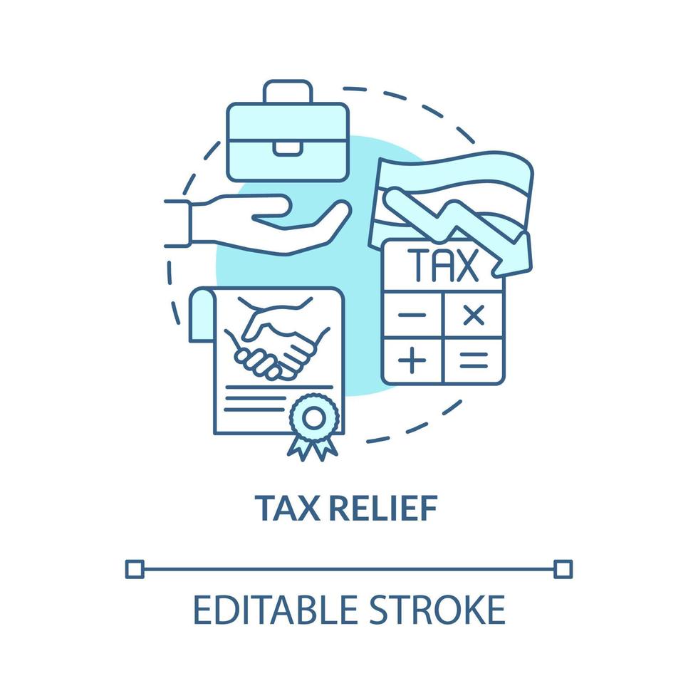 Tax relief turquoise concept icon. Government program abstract idea thin line illustration. Reducing tax rates. Isolated outline drawing. Editable stroke. Roboto-Medium, Myriad Pro-Bold fonts used vector