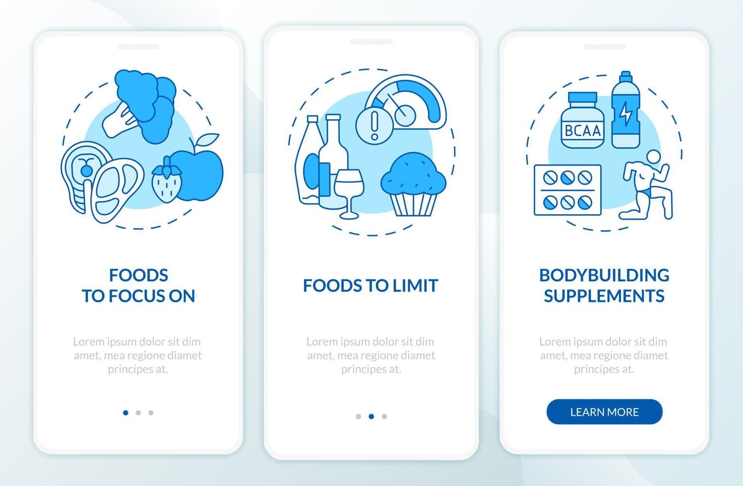 Bodybuilding nutrition blue onboarding mobile app screen. Sport walkthrough 3 steps graphic instructions pages with linear concepts. UI, UX, GUI template. Myriad Pro-Bold, Regular fonts used vector