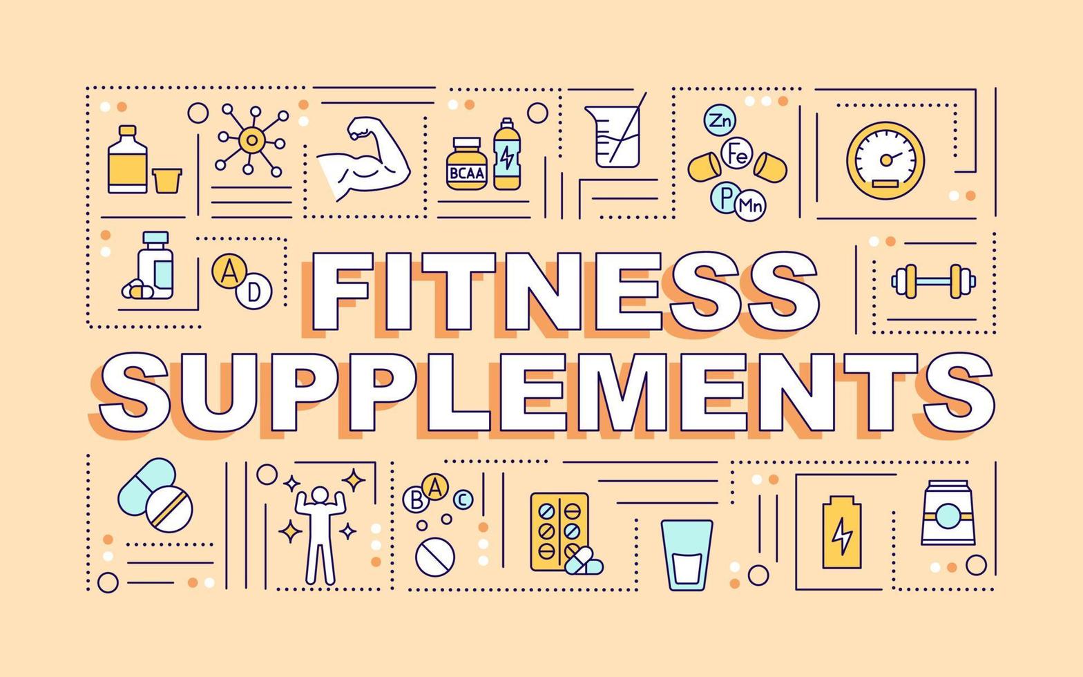Fitness supplements word concepts beige banner. Healthy lifestyle. Infographics with linear icons on background. Isolated typography. Vector outline color illustration with text. Arial-Black font used