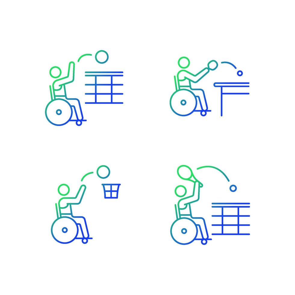 Adaptive wheelchair sports gradient linear vector icons set. Professional ball game competition. Sportsman with disability. Thin line contour symbols bundle. Isolated outline illustrations collection