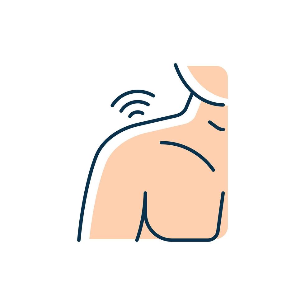 Shoulders rheumatism RGB color icon. Inflammatory process. Shoulder joints deformity. Pain of motion. Autoimmune disease. Rheumatoid arthritis. Isolated vector illustration. Simple filled line drawing