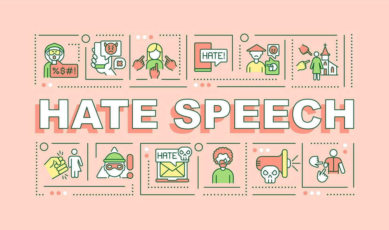 Hate speech word concepts banner. Racist and religious discrimination. Infographics with linear icons on pink background. Isolated creative typography. Vector outline color illustration with text