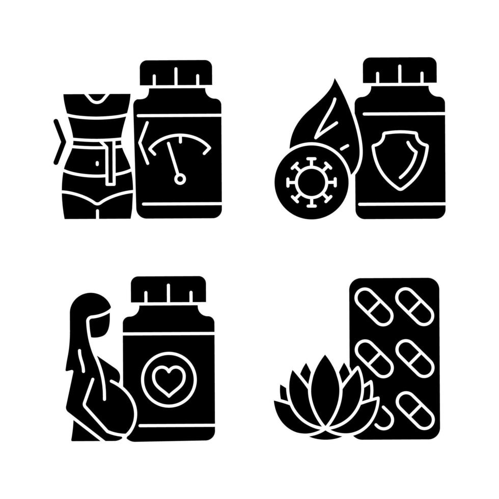 Food supplements black glyph icons set on white space. Pills for pregnant women. Weight loss diet. Immune boost supplements. Medicine for staying calm. Silhouette symbols. Vector isolated illustration
