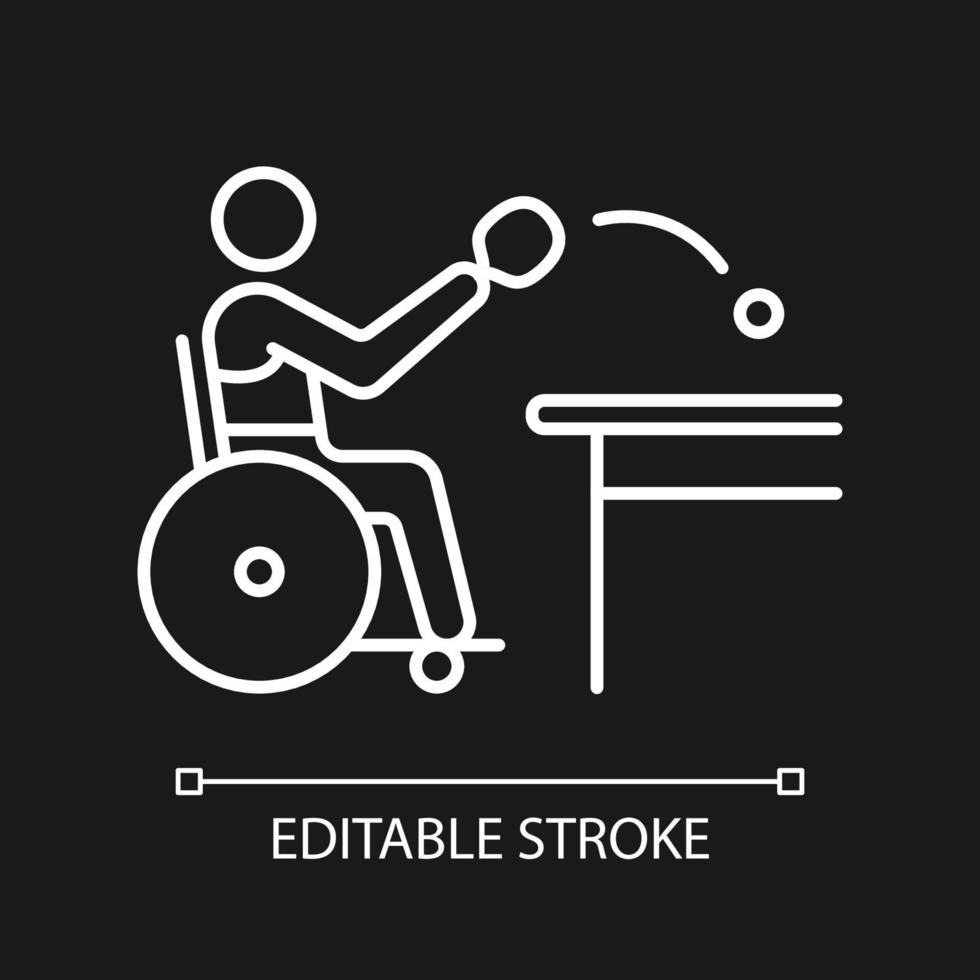 Table tennis white linear icon for dark theme. Rival sport. Sportsman with physical disability. Thin line customizable illustration. Isolated vector contour symbol for night mode. Editable stroke