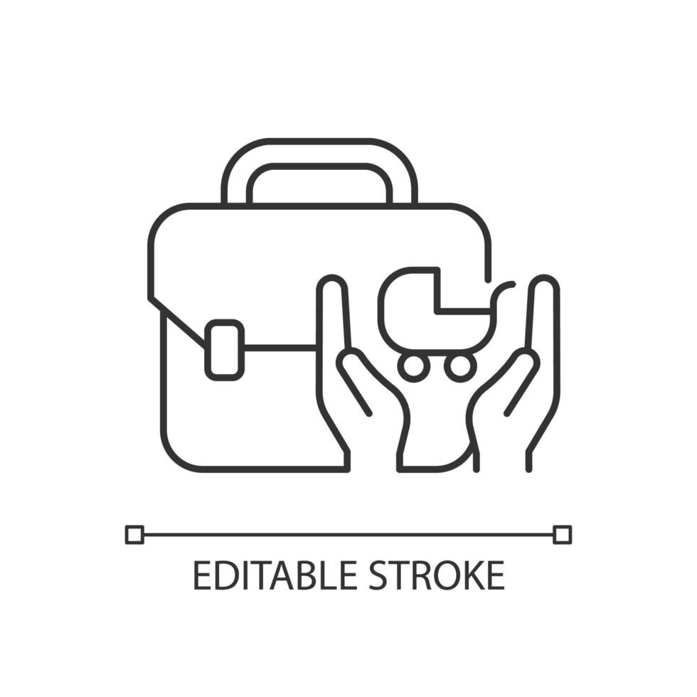 Child care assistance linear icon. Family and work balance. Assisting parents with children. Thin line customizable illustration. Contour symbol. Vector isolated outline drawing. Editable stroke