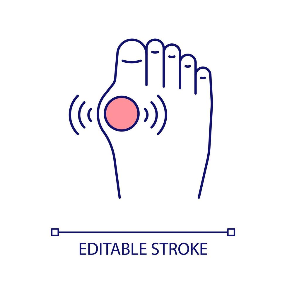 Feet arthritis RGB color icon. Inflammation in foot and toes. Joint disorder. Arthritis and arthrosis. Traumas. Isolated vector illustration. Simple filled line drawing. Editable stroke