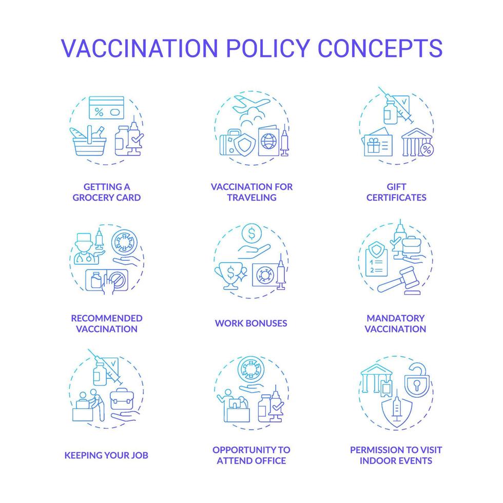 Vaccination policy blue gradient concept icons set. Vaccination against coronavirus idea thin line color illustrations. Opportunity to attend office. Get grocery card. Vector isolated outline drawings