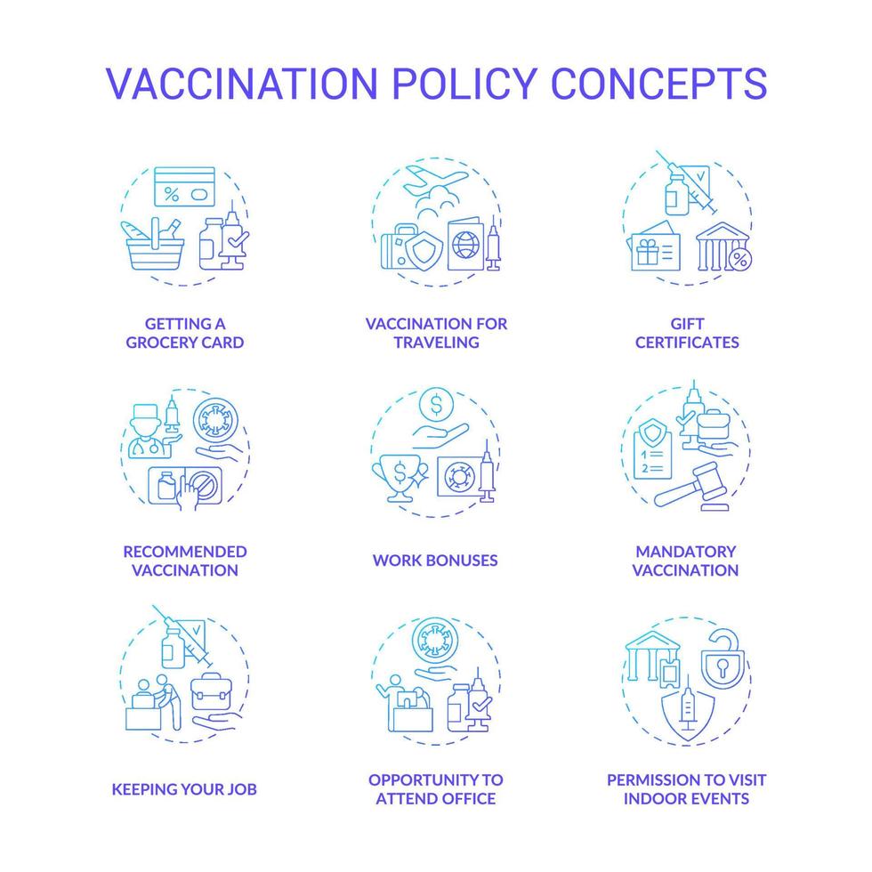 conjunto de iconos de concepto de gradiente azul de política de vacunación. vacunación contra coronavirus idea ilustraciones en color de línea delgada. oportunidad de asistir a la oficina. obtener tarjeta de supermercado. dibujos de contorno aislados vectoriales vector