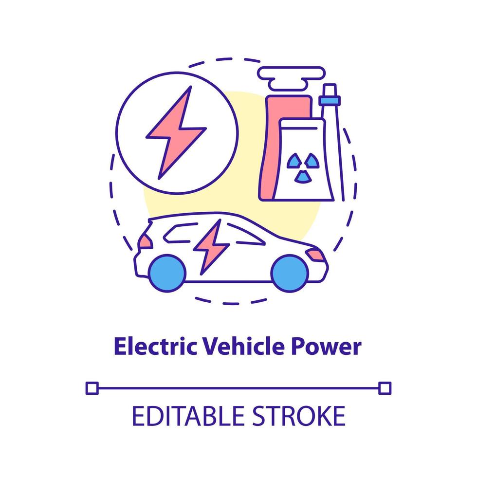 Electric vehicle power concept icon. Nuclear energy usage abstract idea thin line illustration. Alternative engine fuel. Energy efficient auto. Vector isolated outline color drawing. Editable stroke