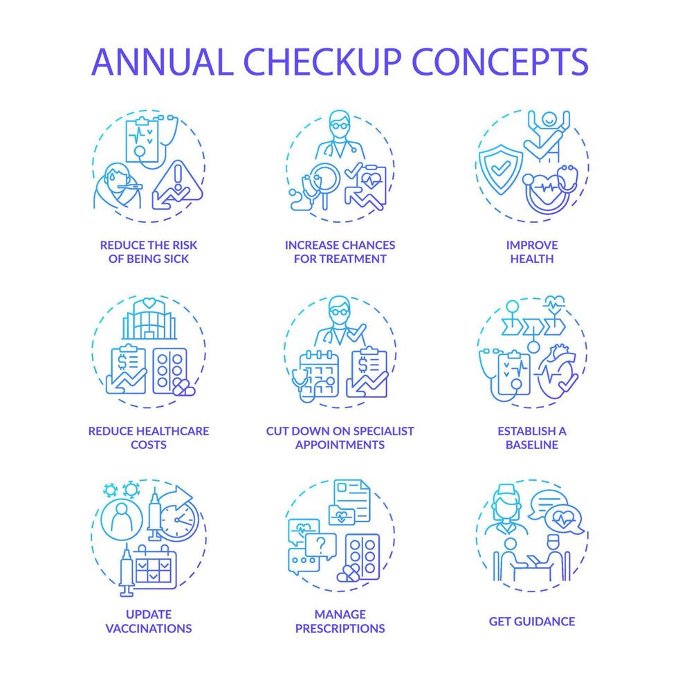 Annual checkup blue gradient concept icons set. Regular medical examination idea thin line color illustrations. Disease complications prevention. Healthcare. Vector isolated outline drawings