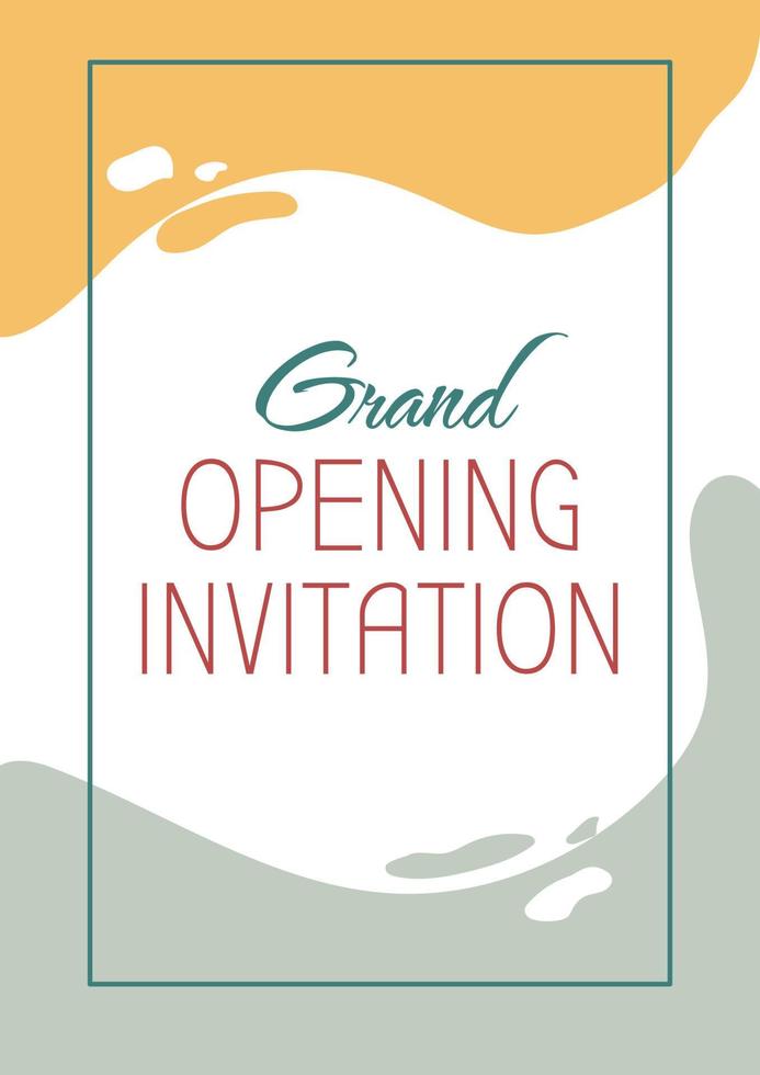 Grand opening invitation greeting card with color icon element. Postcard vector design. Decorative flyer with creative illustration. Notecard with congratulatory message on yellow, grey