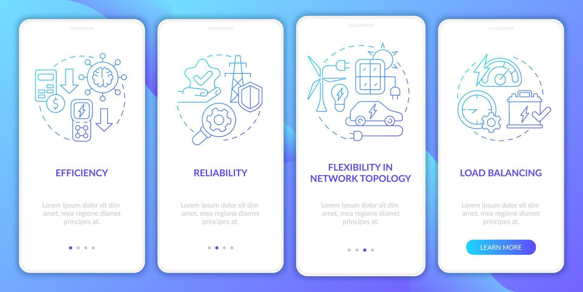 Smart grid features blue gradient onboarding mobile app screen. System walkthrough 4 steps graphic instructions pages with linear concepts. UI, UX, GUI template. Myriad Pro-Bold, Regular fonts used vector