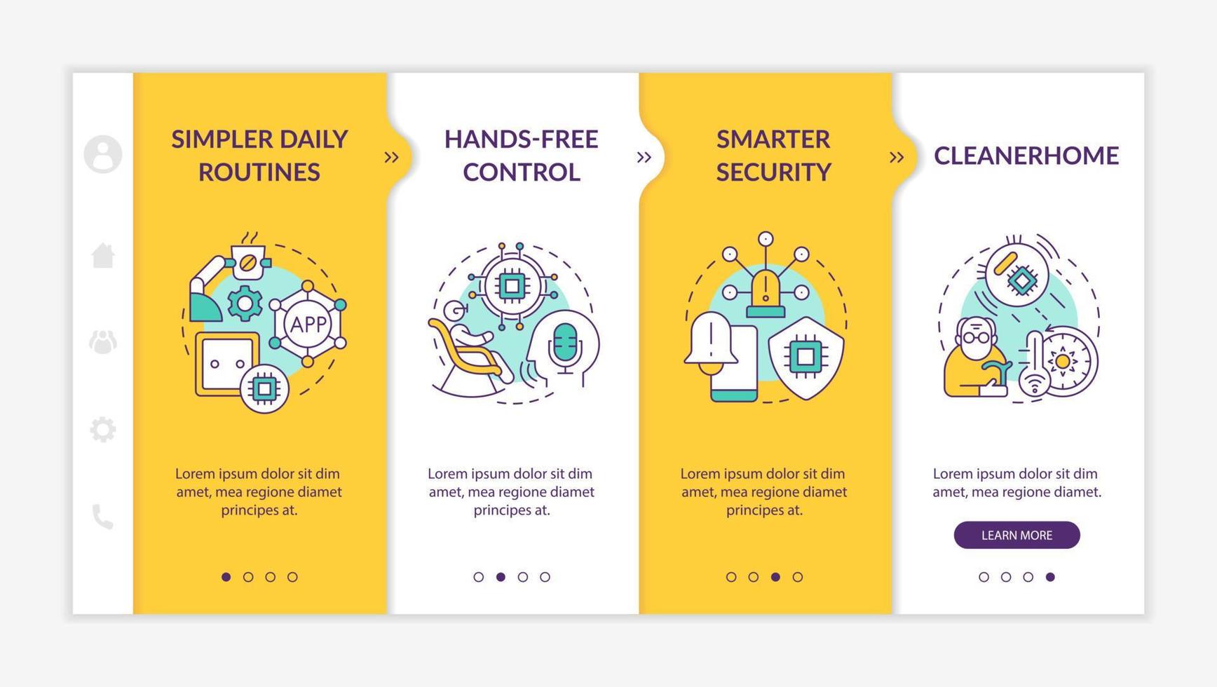 Smart technology advantages for older adults yellow onboarding template. Responsive mobile website with linear concept icons. Web page walkthrough 4 step screens. Lato-Bold, Regular fonts used vector