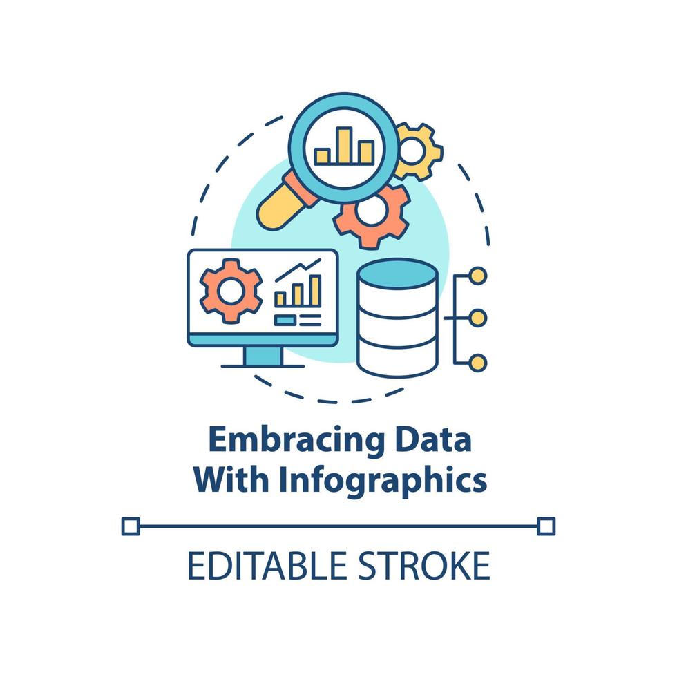 Embracing data with infographics concept icon. Stats perform. Marketing trend abstract idea thin line illustration. Isolated outline drawing. Editable stroke. Arial, Myriad Pro-Bold fonts used vector