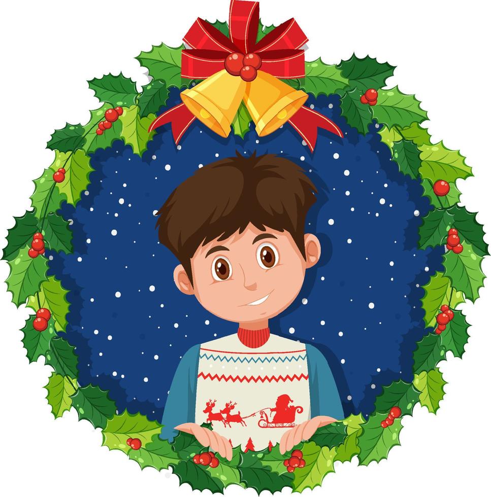 Christmas wreath border with a young man vector