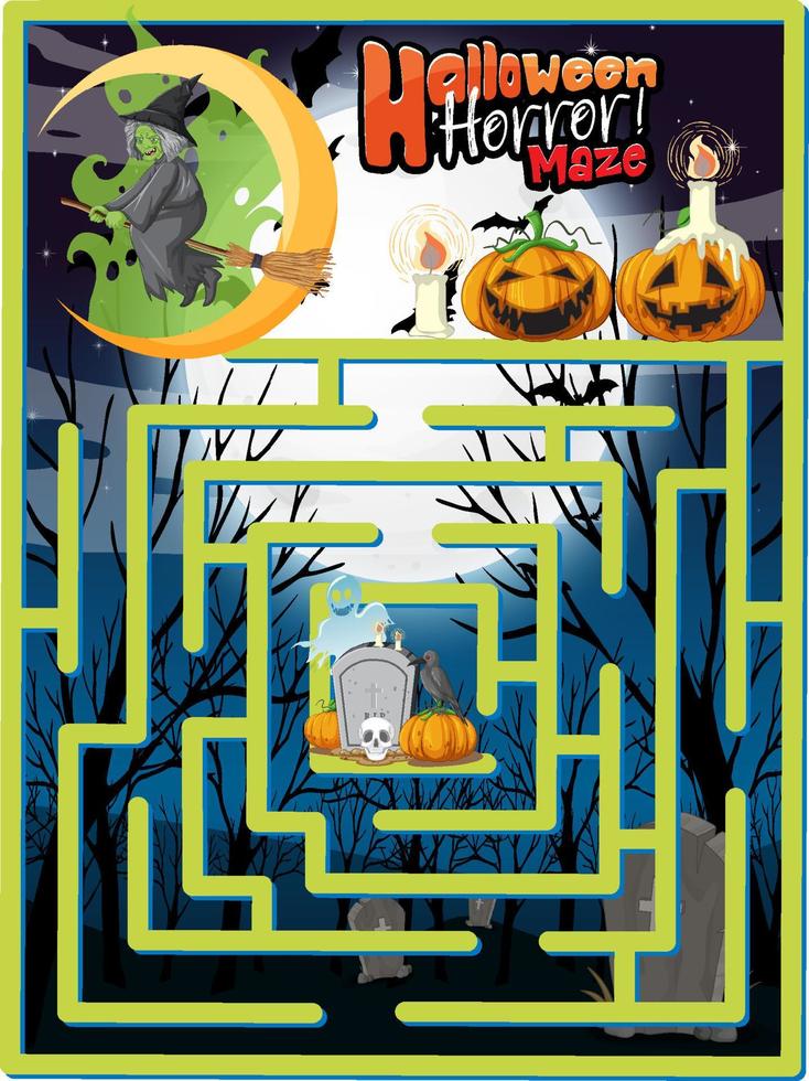 Maze game finds the witch's way to gravestone vector