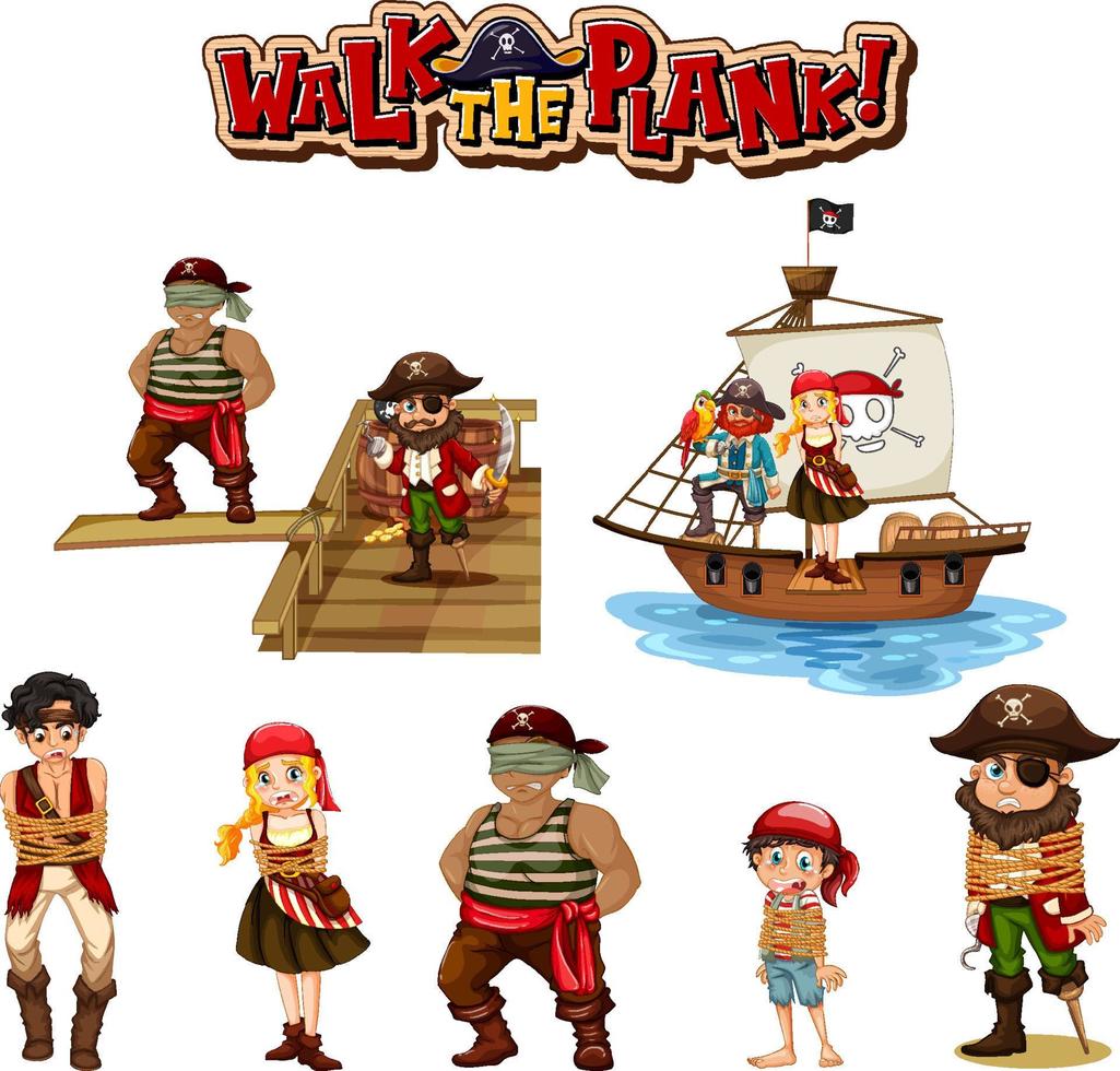 Set of pirate cartoon characters and objects vector