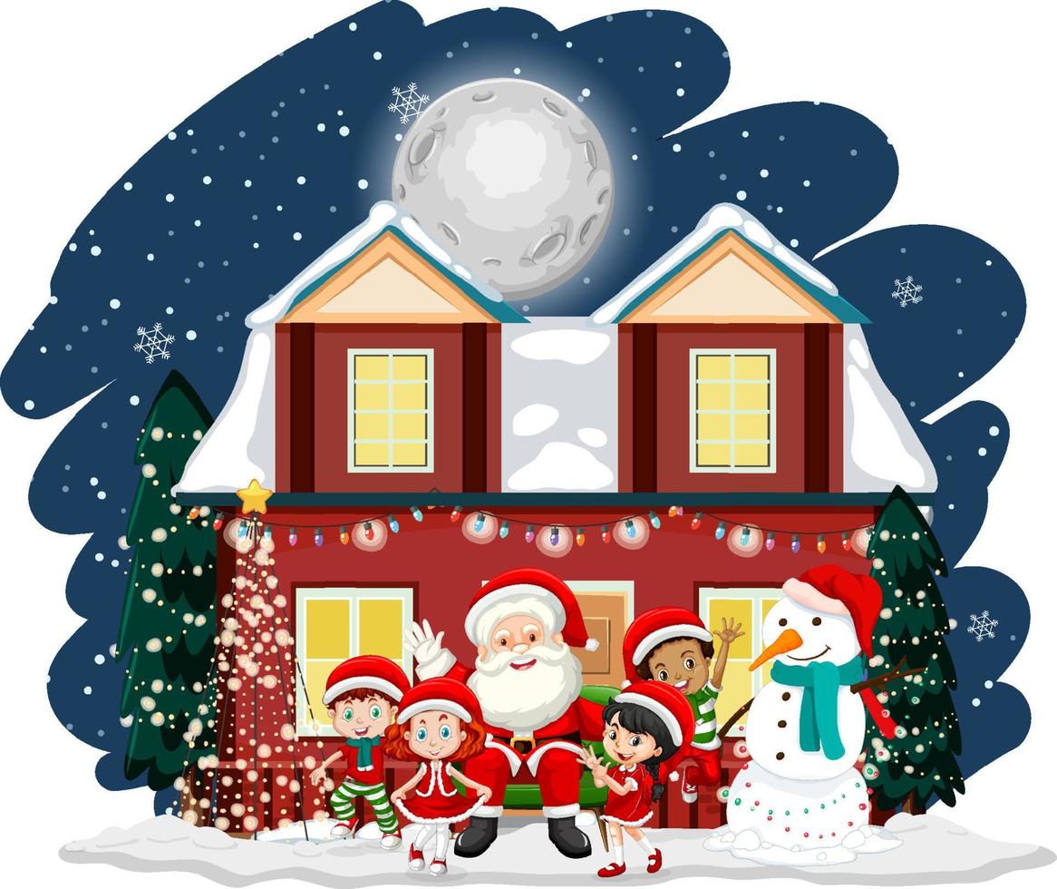 niños celebrando la navidad con santa claus en la escena nocturna vector