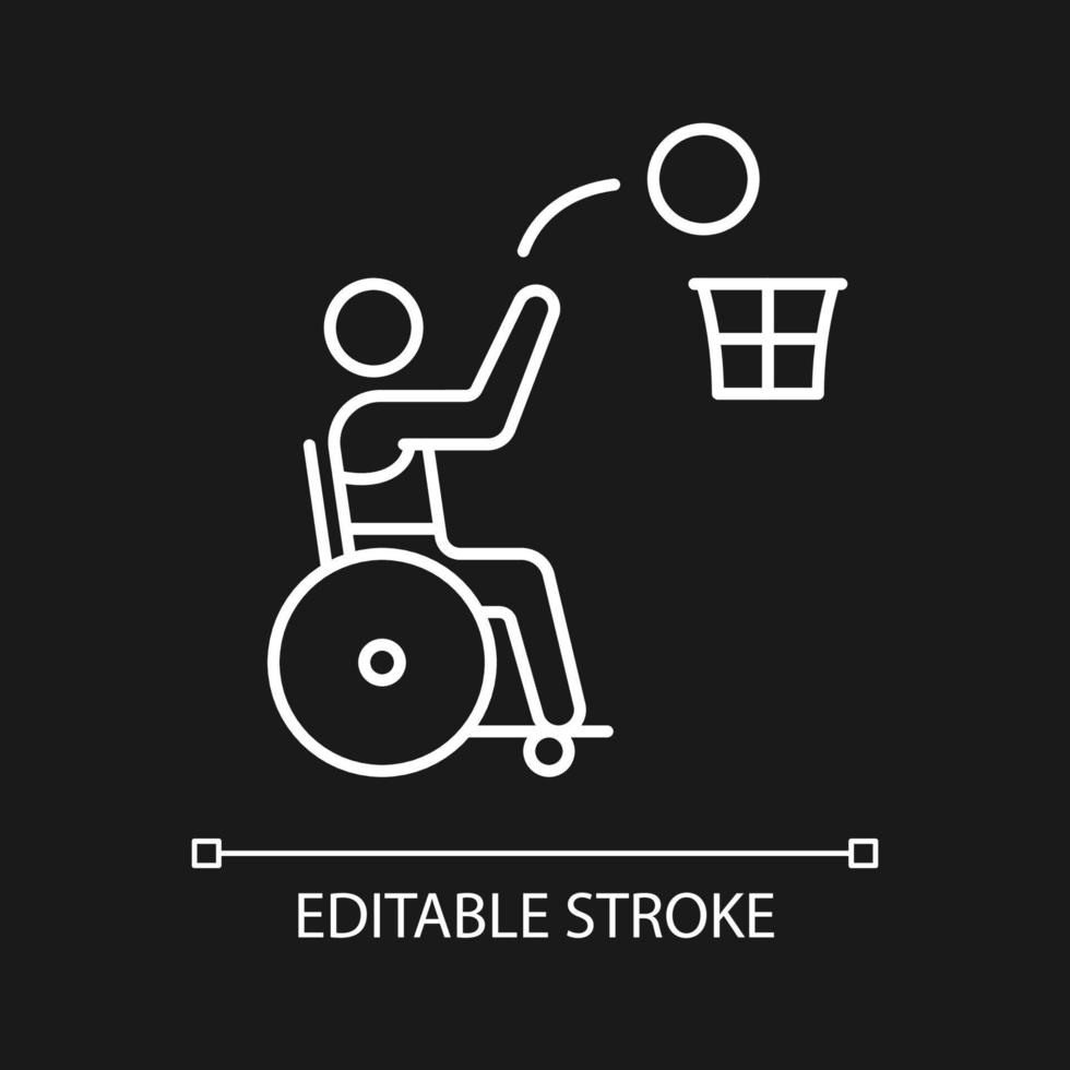 Wheelchair basketball white linear icon for dark theme. Adaptive basketball. Disabled athletes. Thin line customizable illustration. Isolated vector contour symbol for night mode. Editable stroke