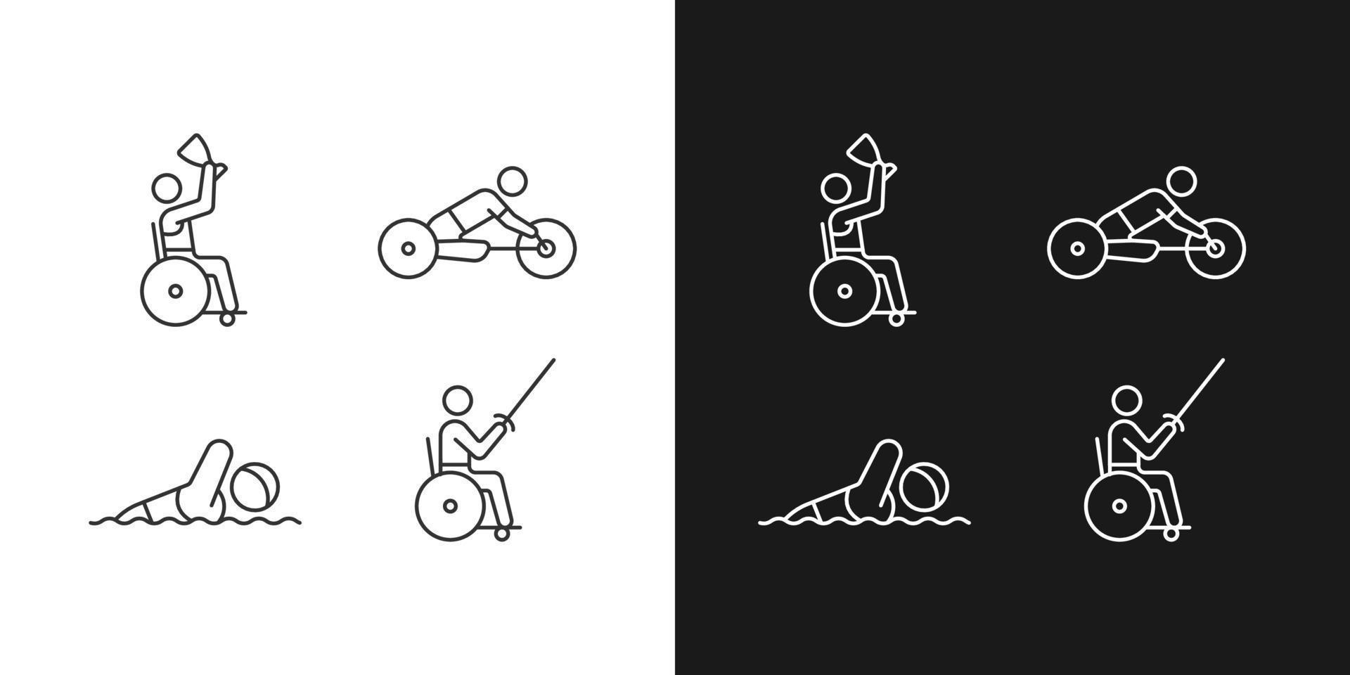 Adaptive contests linear icons set for dark and light mode. Sport disciplines. People with physical disability. Customizable thin line symbols. Isolated vector outline illustrations. Editable stroke