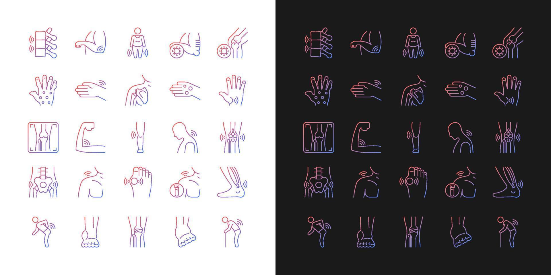 Joints pain gradient icons set for dark and light mode. Rheumatic diseases. Arthritis development. Thin line contour symbols bundle. Isolated vector outline illustrations collection on black and white