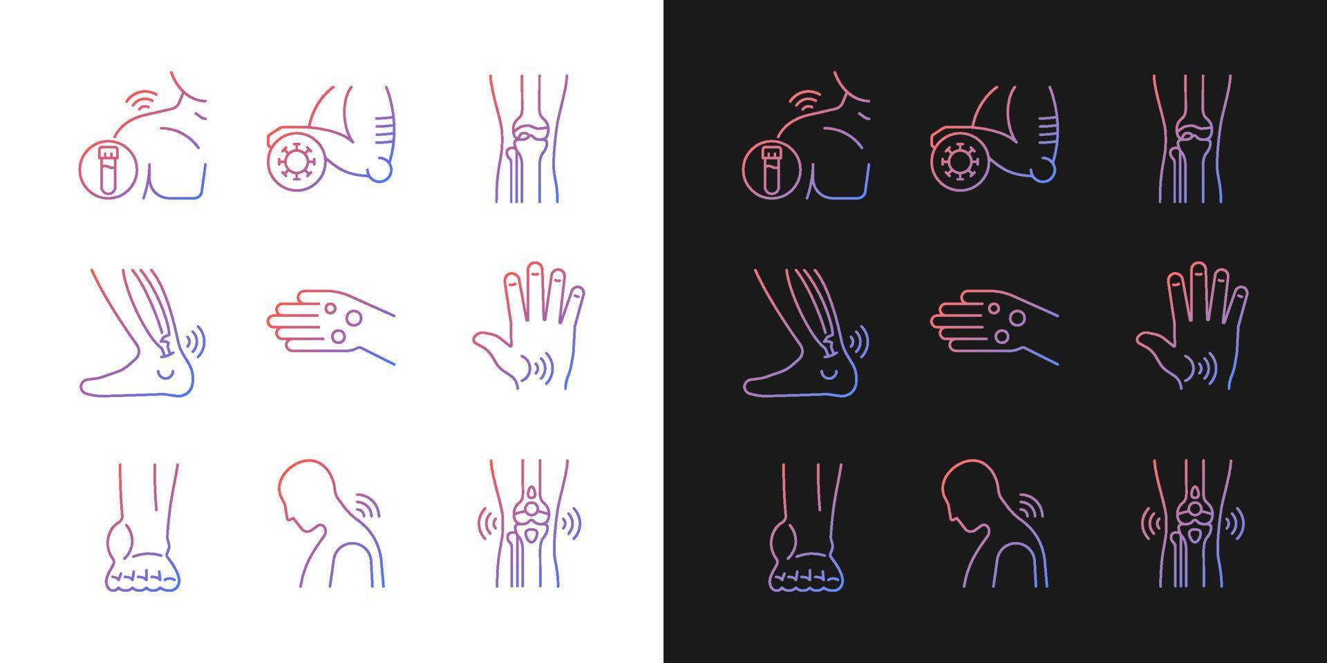 Joint problems gradient icons set for dark and light mode. Muscle aches. Tendons stiffness. Thin line contour symbols bundle. Isolated vector outline illustrations collection on black and white