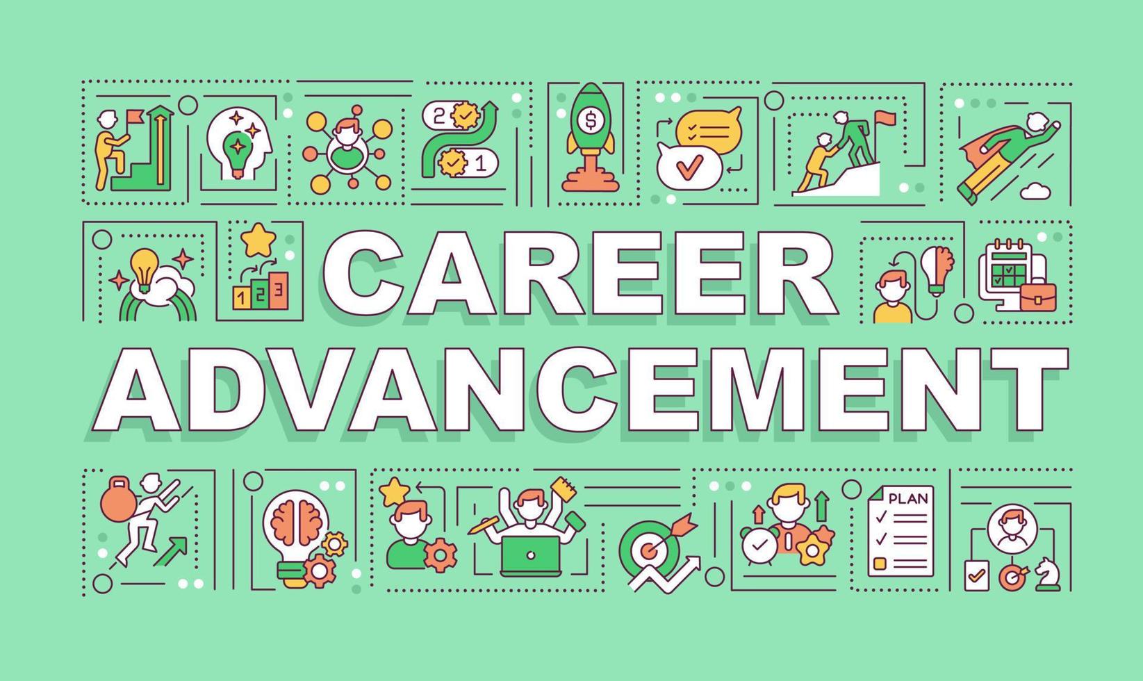 Career advancement word concepts banner. Professional development. Infographics with linear icons on green background. Isolated creative typography. Vector outline color illustration with text