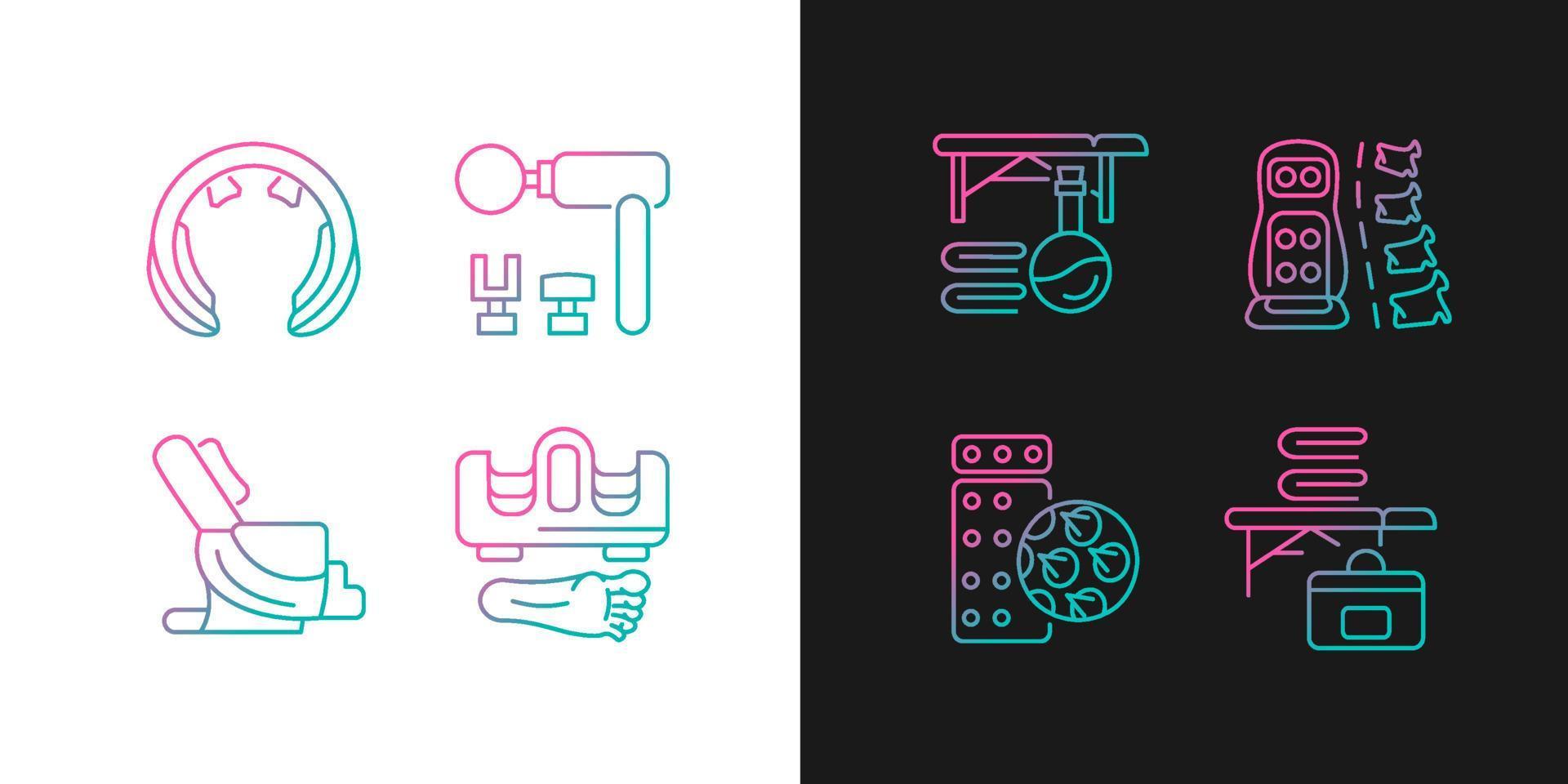 Vibrating massagers gradient icons set for dark and light mode. Massage chair. Thin line contour symbols bundle. Isolated vector outline illustrations collection on black and white