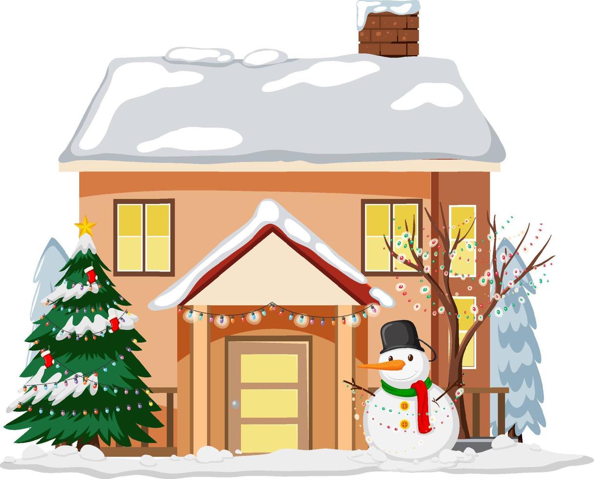 Snow covered house with a snowman and Christmas decorated trees vector