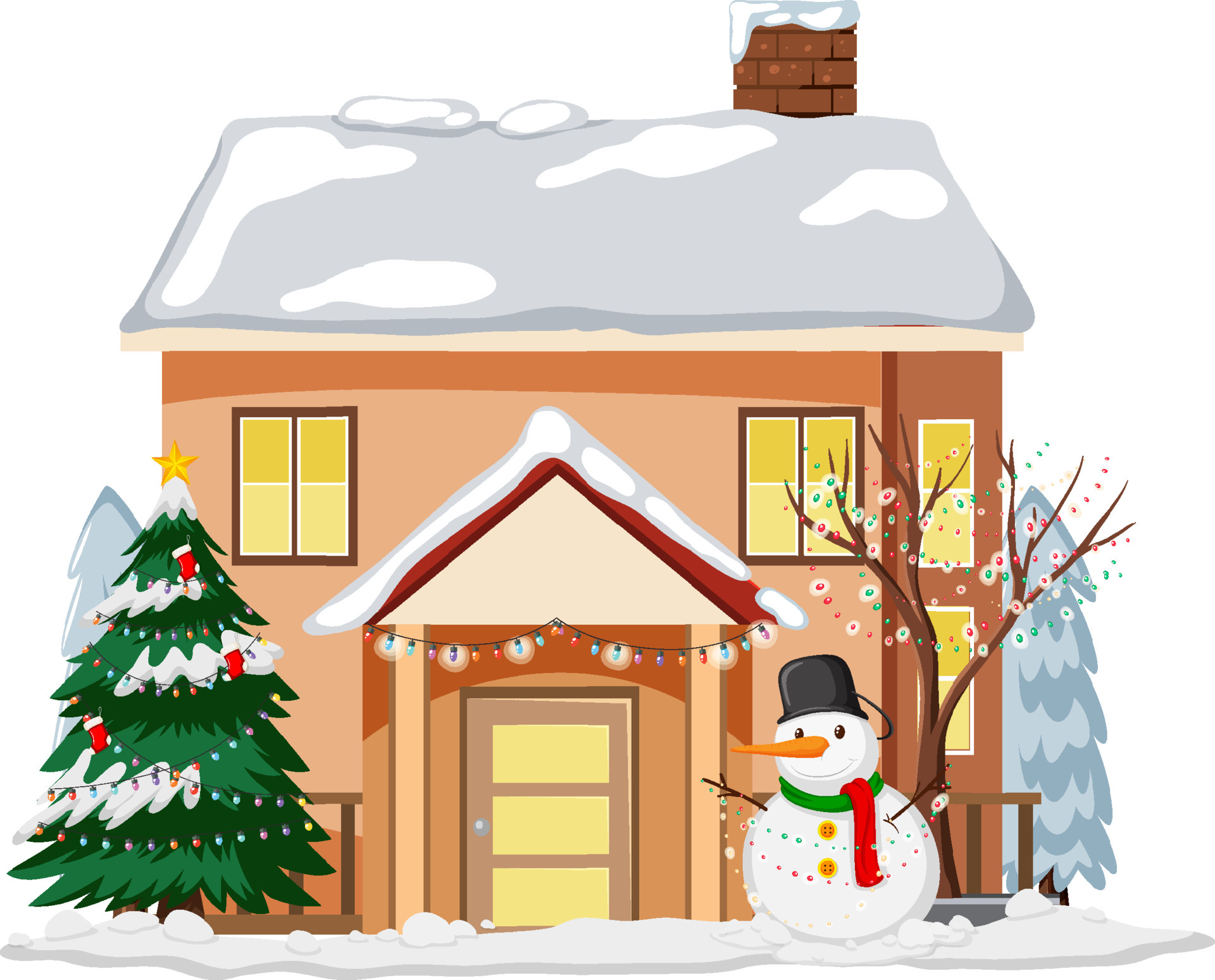 Snow covered house with a snowman and Christmas decorated trees 5921450
