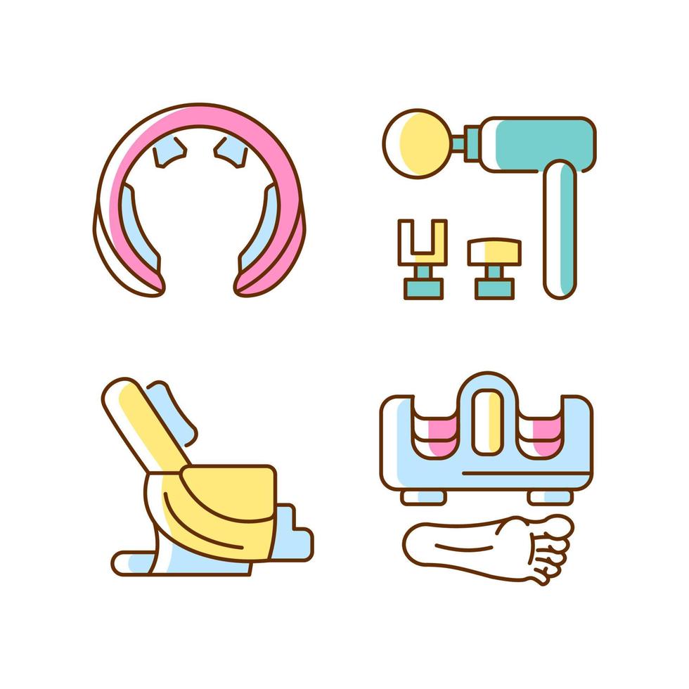 conjunto de iconos de color rgb de masajeadores vibrantes. sillon de masage. Dispositivos para estimulación de cuello y pies. tratamiento corporal y recreación. ilustraciones vectoriales aisladas. colección de dibujos de líneas rellenas simples vector