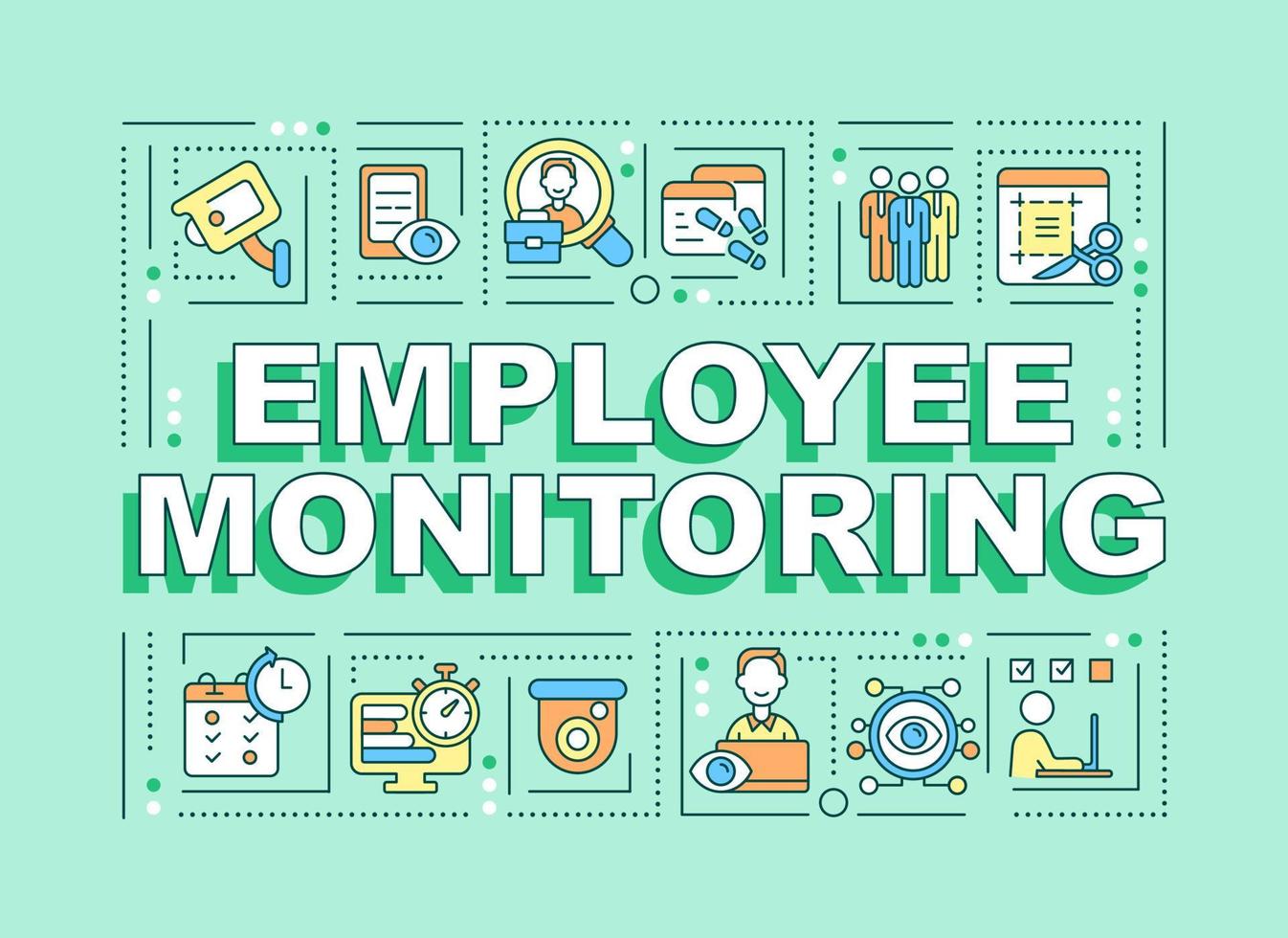 Employee monitoring word concepts banner. Tracking productivity. Infographics with linear icons on green background. Isolated creative typography. Vector outline color illustration with text