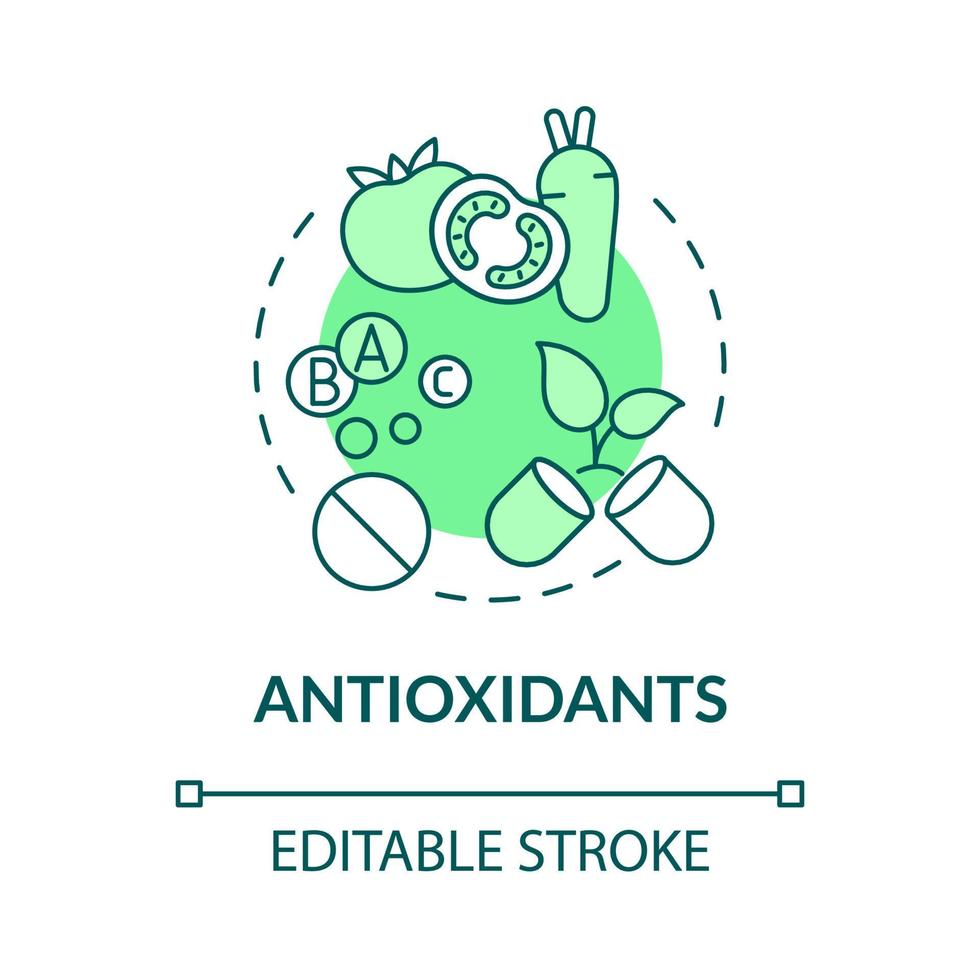 Antioxidants green concept icon. Diet for wellbeing. Fitness supplements abstract idea thin line illustration. Isolated outline drawing. Editable stroke. Roboto-Medium, Myriad Pro-Bold fonts used vector