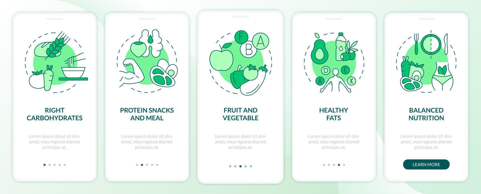 Right food for exercises green onboarding mobile app screen. Dieting walkthrough 5 steps graphic instructions pages with linear concepts. UI, UX, GUI template. Myriad Pro-Bold, Regular fonts used vector