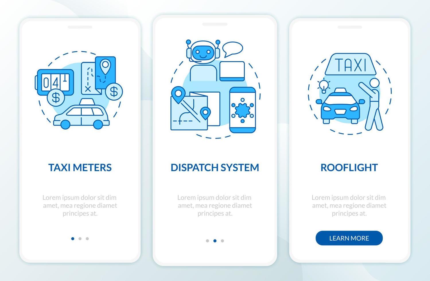 Equipment for taxi business blue and white onboarding mobile app screen. Company walkthrough 3 steps graphic instructions pages with concepts. UI, UX, GUI template. Myriad Pro-Bold, Regular fonts used vector