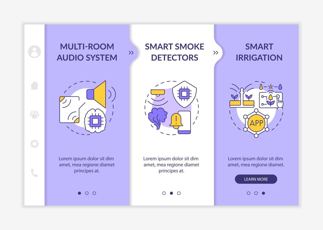 Home automation products purple and white onboarding template. Smoke detectors. Responsive mobile website with linear concept icons. Web page walkthrough 3 step screens. Lato-Bold, Regular fonts used vector