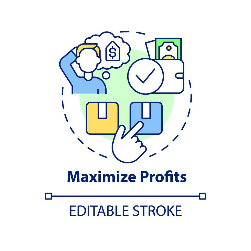 Maximize profits concept icon. Dynamic pricing importance abstract idea thin line illustration. Profitability. Isolated outline drawing. Editable stroke. Roboto-Medium, Myriad Pro-Bold fonts used vector