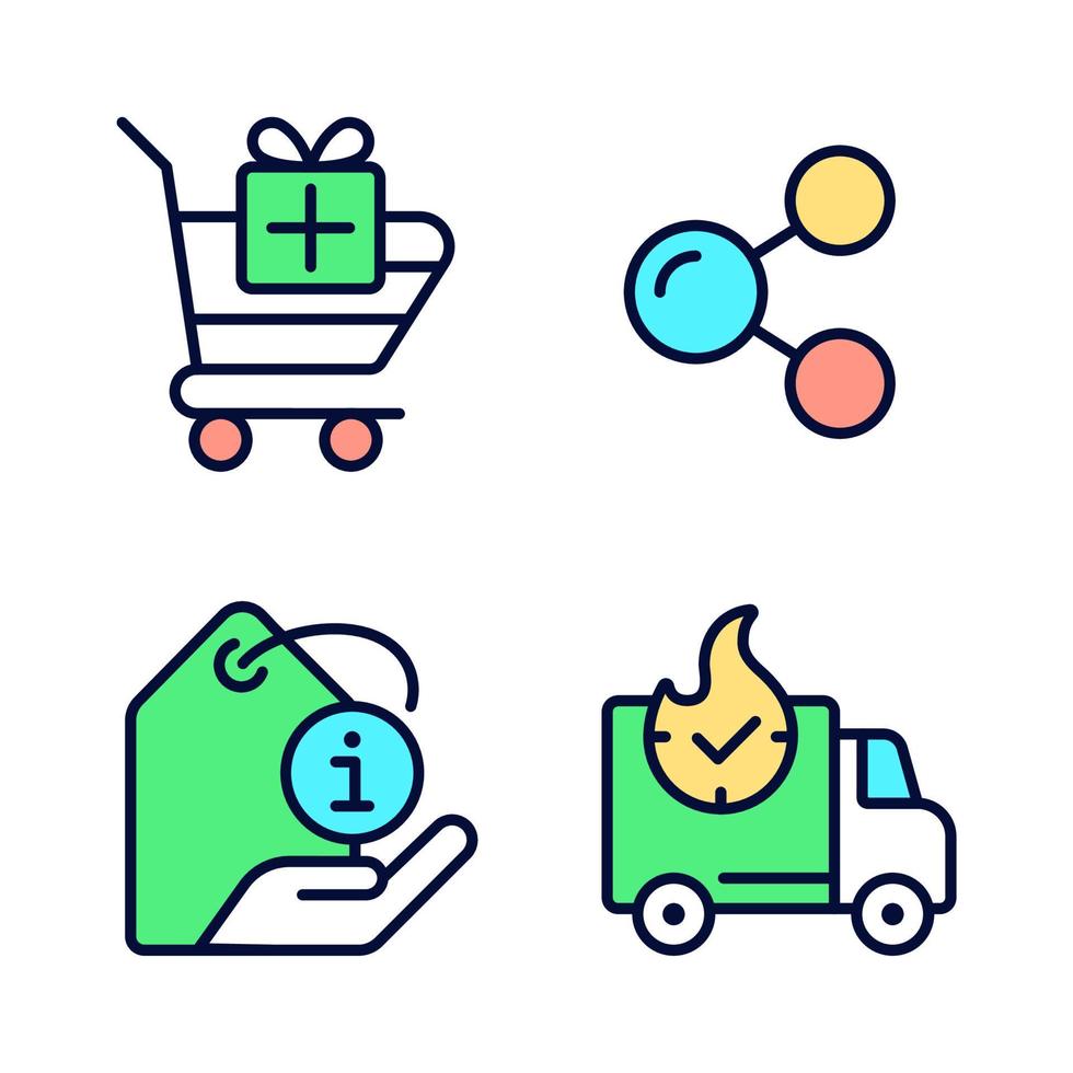 Buying products on internet pixel perfect RGB color icons set. Express delivery. Product description. Isolated vector illustrations. Simple filled line drawings collection. Editable stroke
