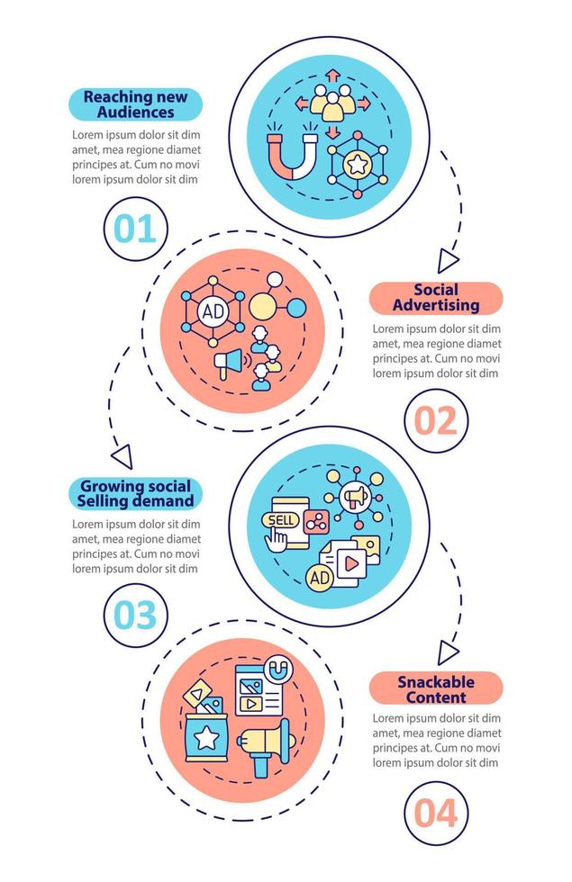 Trends of SMM marketing vertical infographic template. Network build. Data visualization with 4 steps. Process timeline info chart. Workflow layout with line icons. Myriad Pro-Bold, Regular fonts used vector