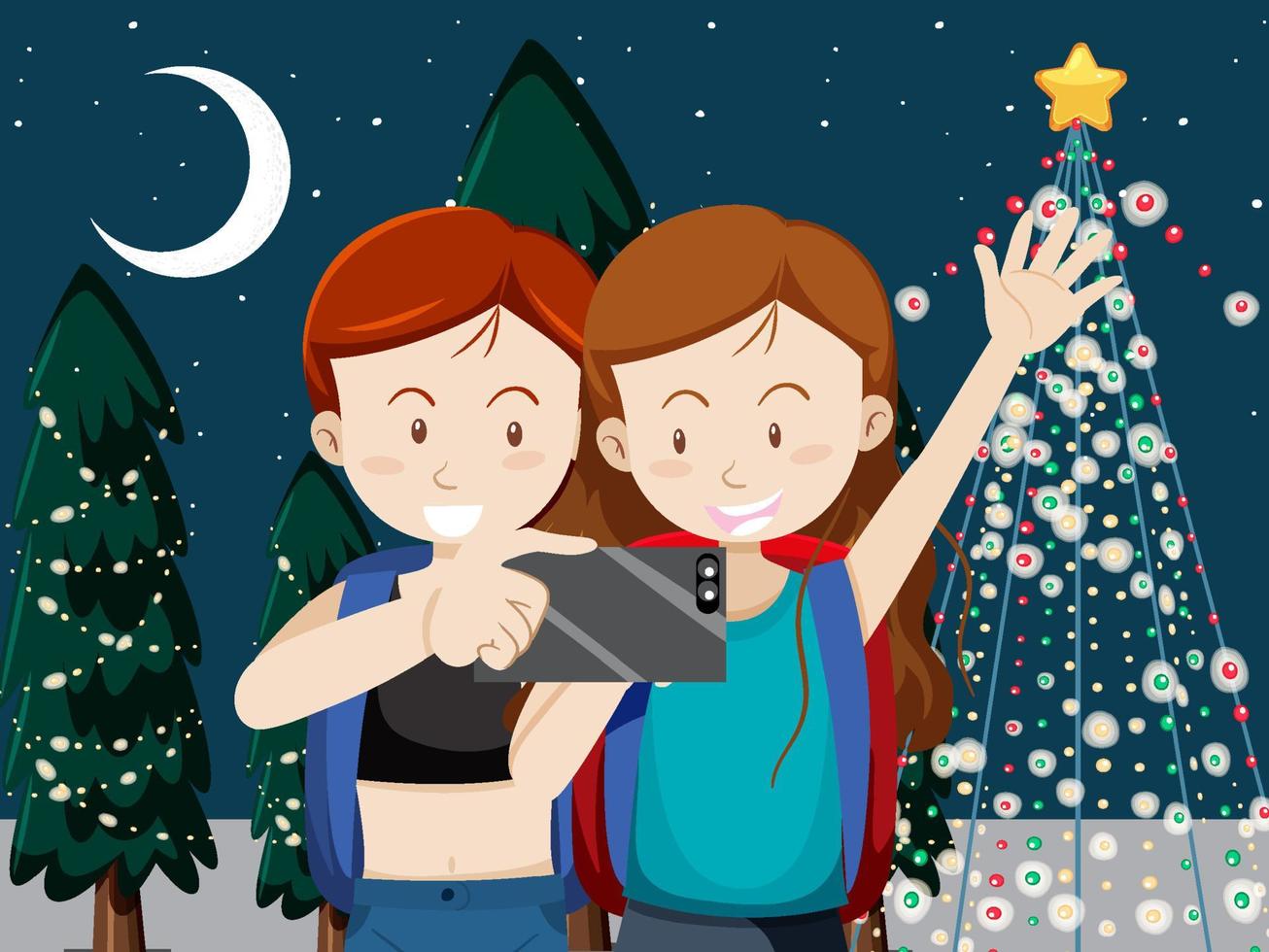 pareja viajera tomando selfie con fondo de árbol de navidad vector