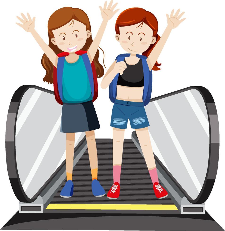 Front view of two travellers on moving walkway vector