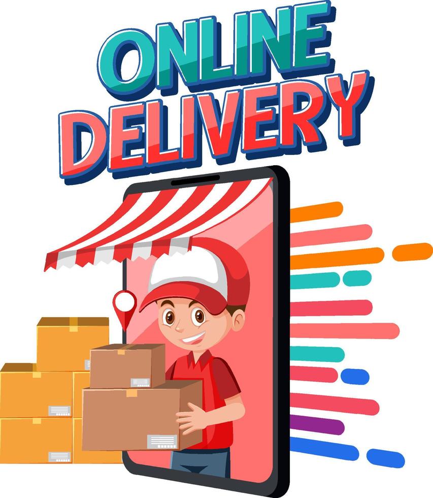 Online Delivery logotype with courier holding boxes vector
