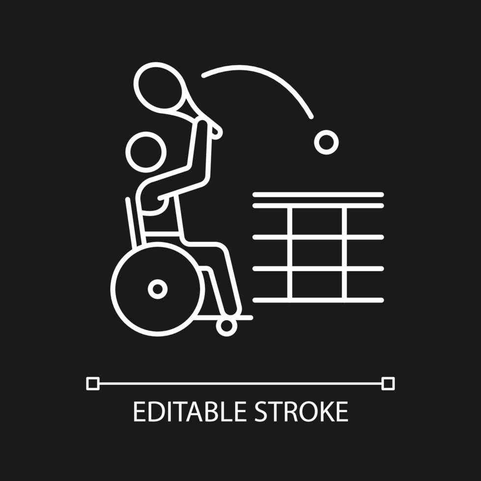 Wheelchair tennis white linear icon for dark theme. Adaptive tennis competition. Disabled athlete. Thin line customizable illustration. Isolated vector contour symbol for night mode. Editable stroke