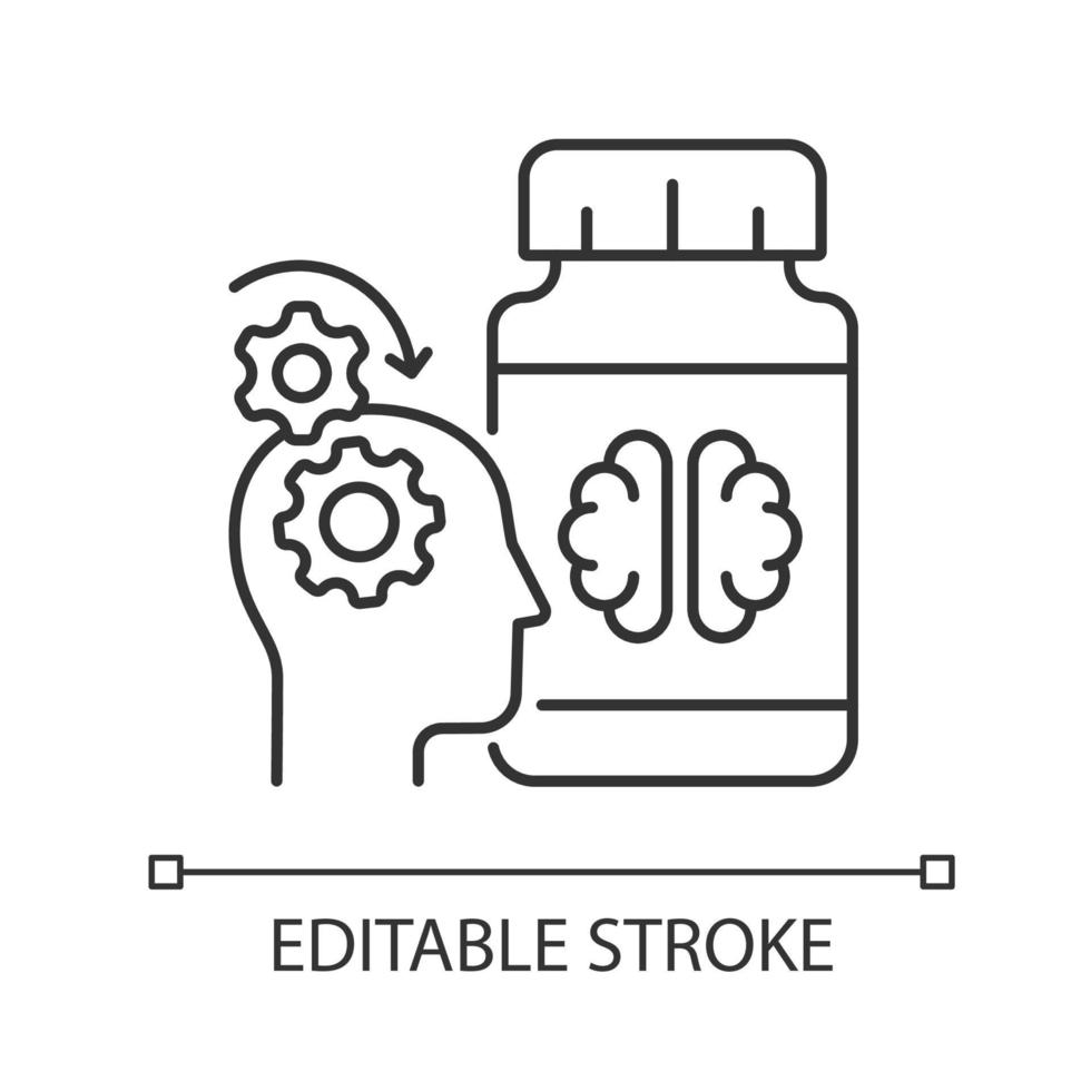 Mental work supplements linear icon. Supplements for better brain function. Nootropic medication. Thin line customizable illustration. Contour symbol. Vector isolated outline drawing. Editable stroke