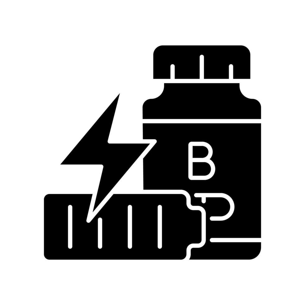 B vitamins for fatigue black glyph icon. Supplements to combat tiredness and weakness. Stress and dizziness reduction. Silhouette symbol on white space. Vector isolated illustration