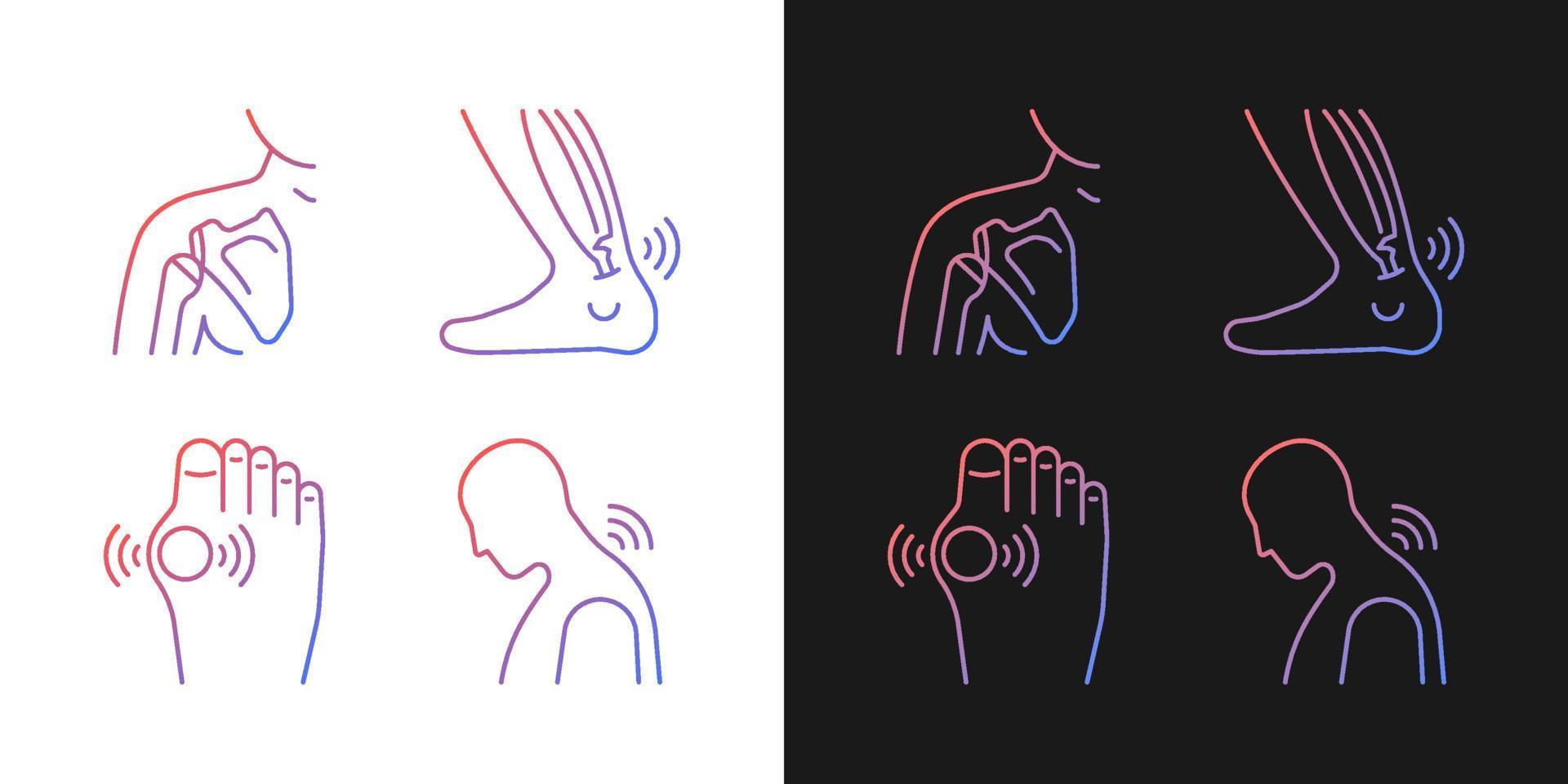 Musculoskeletal pain gradient icons set for dark and light mode. Muscles overstretching. Thin line contour symbols bundle. Isolated vector outline illustrations collection on black and white