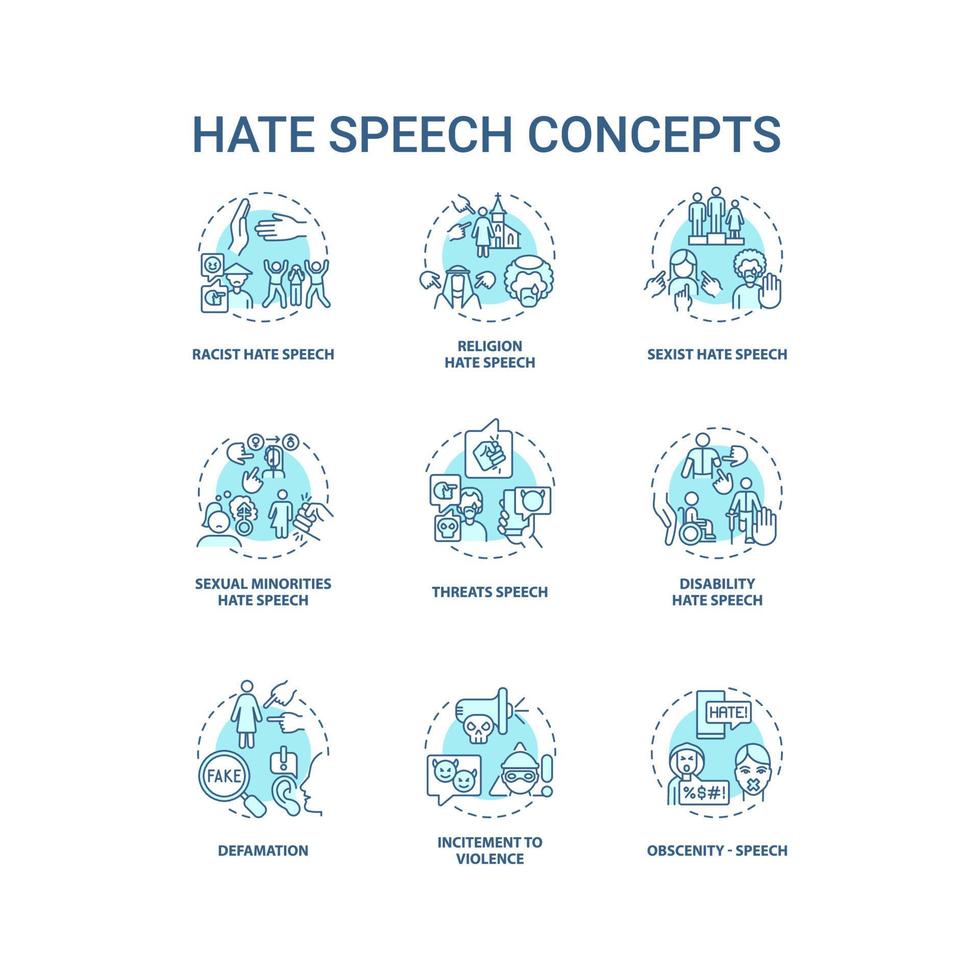 Hate speech blue concept icons set. Aggression towards person and group idea thin line color illustrations. Religious bias. Sexist comments. Vector isolated outline drawings. Editable stroke